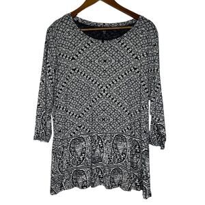Lucky Brand Plus Size 2X Boho Tunic Top Black White Paisley Print 3/4 Sleeve
